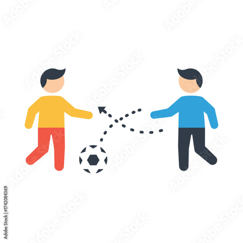 Two stylized cartoon figures engage in a dynamic soccer pass, demonstrating teamwork and sportsmanship with a playful yet clear visual representation.