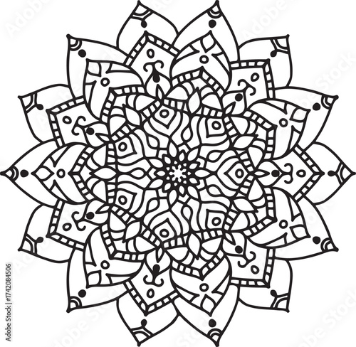 Intricate black and white mandala pattern, circular geometric design, detailed ornate shapes, abstract floral motif, sharp angular elements, complex overlapping forms, zentangle inspired art