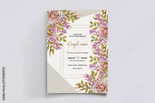 WEDDING INVITATION FRAME WITH FLOWER DECORATIONS AND FRESH LEAVES