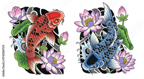 Dual Koi Fish Elegance: A Symphony of Colors with Lotus Blossoms Amidst Flowing Water
