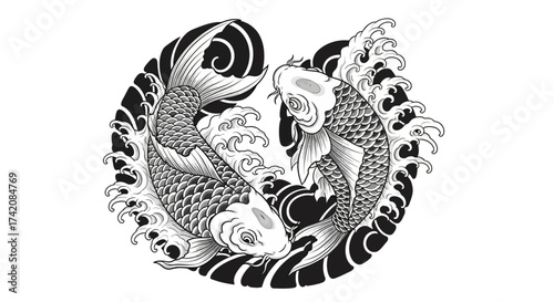 Elegant koi fish swirling amid stylized waves, evoking a sense of serenity and timeless beauty
