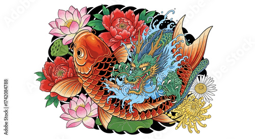 Mythical aquatic rendezvous: Koi and dragon amongst floral abundance in vivid art