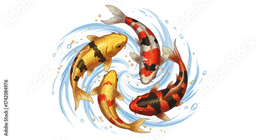 Harmonious circle of diverse colorful koi fish swimming in swirling blue waters