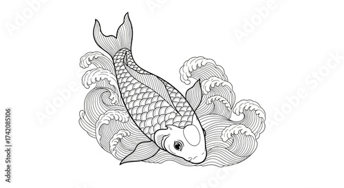 Intricate koi fish illustration amidst stylized waves creates traditional asian inspired artwork