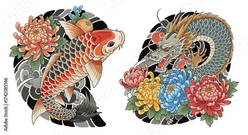 Intricate depiction of koi fish and oriental dragon with chrysanthemum flowers artwork