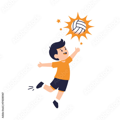A cheerful young boy in an orange shirt enthusiastically jumps to spike a volleyball, illustrating active childhood play and healthy outdoor sports.