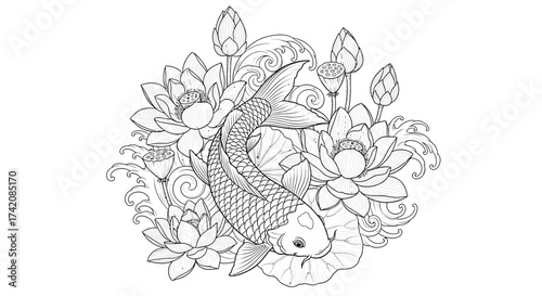 Elegant ink drawing showcasing a koi fish gracefully intertwined with serene lotus blooms and