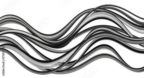Monochrome abstract wave design, swirling lines in shades of gray and black, flowing motion and