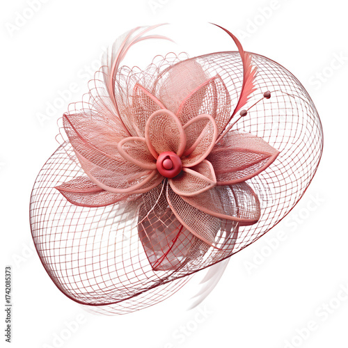 A delicate rose gold fascinator hat with a large floral embellishment, feathers, and netting, perfect for weddings or special events, isolated on a transparent background