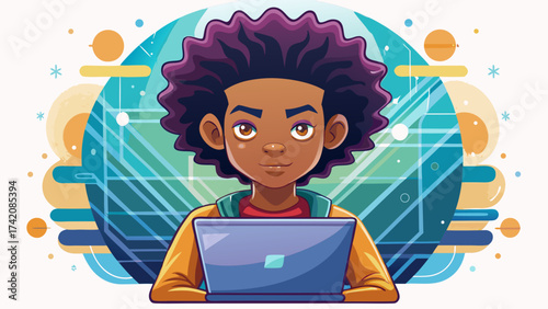 Afro boy holding soccer ball, confident stance, realistic vector shading, minimal white background, symbolizing teamwork, sportsmanship, and healthy lifestyle inspiration.