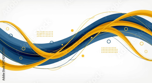 Dynamic abstract wave design with blue and gold flowing lines and decorative elements
