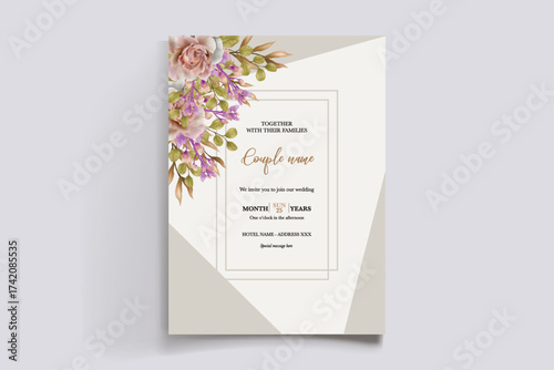 WEDDING INVITATION FRAME WITH FLOWER DECORATIONS AND FRESH LEAVES