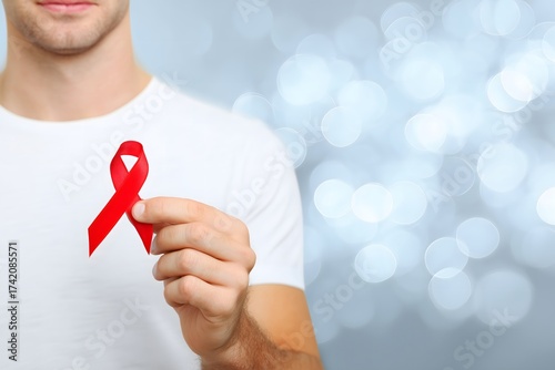Man holding red ribbon for aids awareness