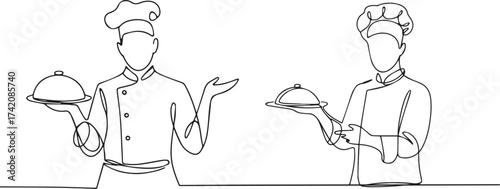 Two chefs in uniform holding a dish isolated on white background drawing