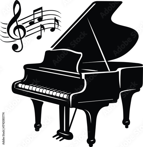 Grand Piano | Music Notes & Treble Clef Silhouette | Musical Instrument design