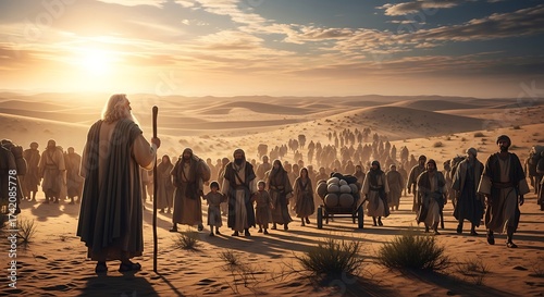Moses leading the Israelites through the desert towards freedom.