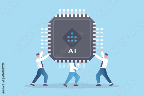 Team of people working together to build and implement artificial intelligence technology on a large computer chip