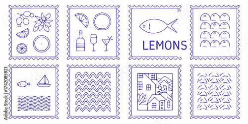 Wallpaper Mural Collection of eight hand drawn blue ink stamps featuring various whimsical illustrations and patterns Torontodigital.ca