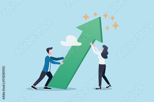 Teamwork pushing a green arrow upwards towards success and growth with stars above