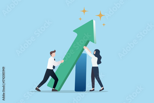 Teamwork and collaboration to achieve business growth and success with upward trending arrow