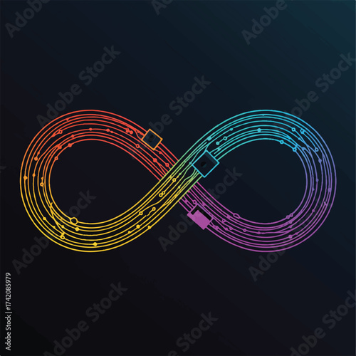Infinity symbol made of circuit board traces in rainbow colors