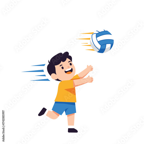 A cheerful young boy, dressed in a yellow shirt and blue shorts, joyfully reaches for a fast-moving blue and white volleyball during an active game.