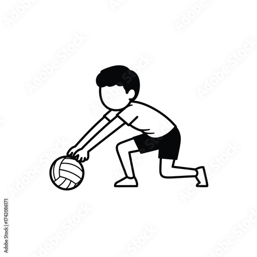 A minimalist black and white line art illustration depicts a young athlete in action, expertly performing a volleyball pass or serve during a game.