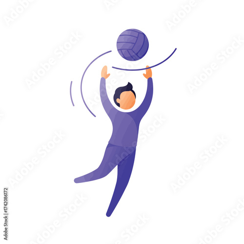 A vibrant flat design illustration depicts a dynamic male athlete jumping to powerfully spike a volleyball during an exciting game.