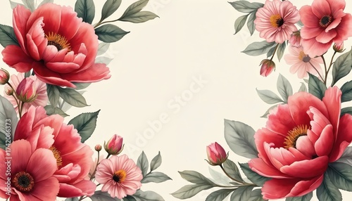 Elegant red and pink flowers with green leaves arranged on a pale cream background. This floral artwork is suitable for invitations, decor, or romantic designs.