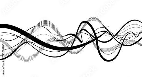 Dynamic abstract wave pattern with elegant black lines on pure white backdrop