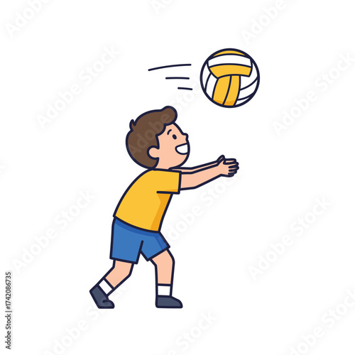 A cheerful young boy in a yellow shirt and blue shorts happily performs a volleyball forearm pass during a fun game, illustrating active childhood sports.