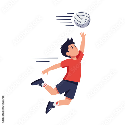 A dynamic illustration depicts a young boy in a red shirt and blue shorts leaping high to spike a moving volleyball during an energetic game.