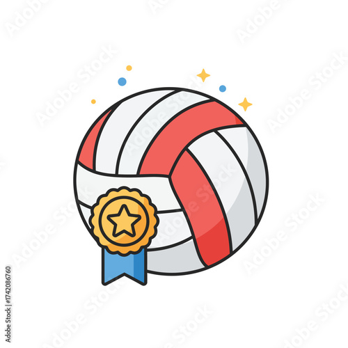A vibrant vector illustration of a classic red and white volleyball, proudly adorned with a gleaming gold medal and blue ribbon, symbolizes athletic triumph.