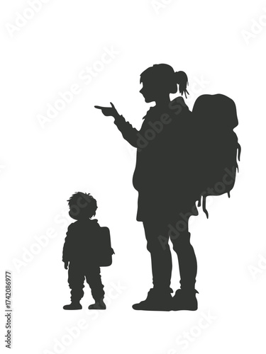 vector illustration silhouette of female tourist with backpack and child