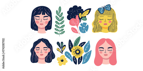 vector illustration art set of female portraits