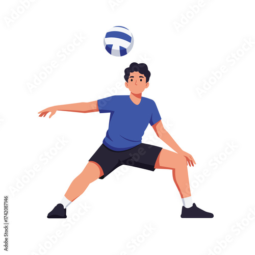 A young male athlete in a blue shirt skillfully executes a forearm pass during a dynamic volleyball game, demonstrating agility and focus.