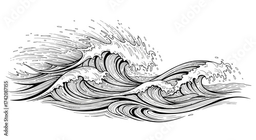 Monochrome depiction of dynamic ocean waves with intricate linework and fluid motion showcasing