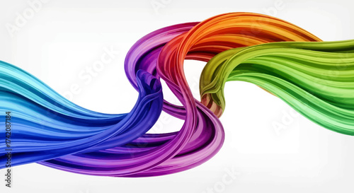 Vibrant chromatic ribbons intertwine, creating a visual symphony of color and movement over white