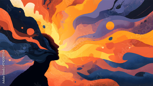 A colorful illustration depicting a person's head with various images and symbols emerging from it, representing thoughts and creativity