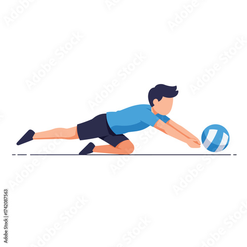 A determined male athlete in a blue shirt dives to save the volleyball, demonstrating agility and quick reflexes during an intense match.