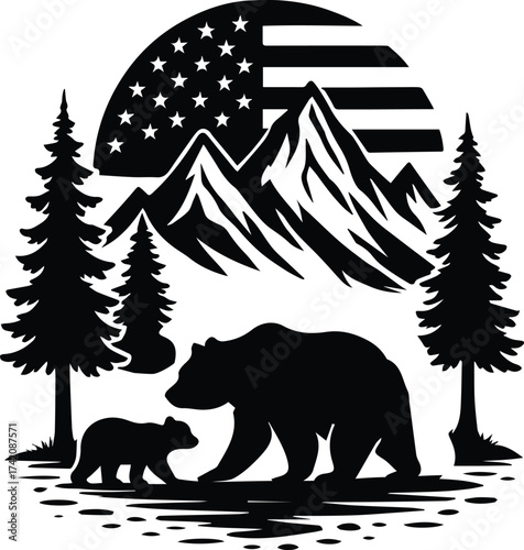 Mama Bear | Bear with Cub Mountain Forest Scene & USA Flag | Wildlife Family design
