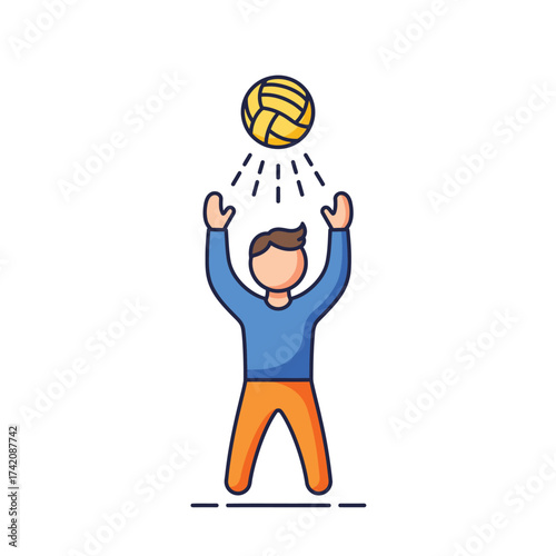 A vibrant vector illustration depicts a faceless person with arms raised, actively engaged in a lively game of volleyball, ideal for sports-themed graphics and digital media.