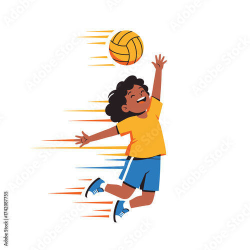 A joyful young child with curly hair jumps high to enthusiastically hit a volleyball, depicted with dynamic speed lines on a clean white background.