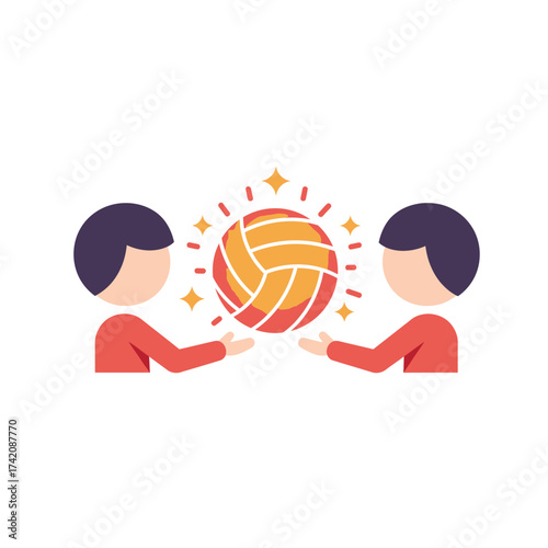 Two abstract figures collaborate to pass a glowing volleyball, symbolizing teamwork, shared success, and the spirit of competition in a dynamic game.