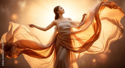 Ethereal Beauty - Woman in Flowing Fabric Bathed in Golden Light.