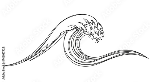 Detailed black and white line art illustration of a stylized ocean wave illustration