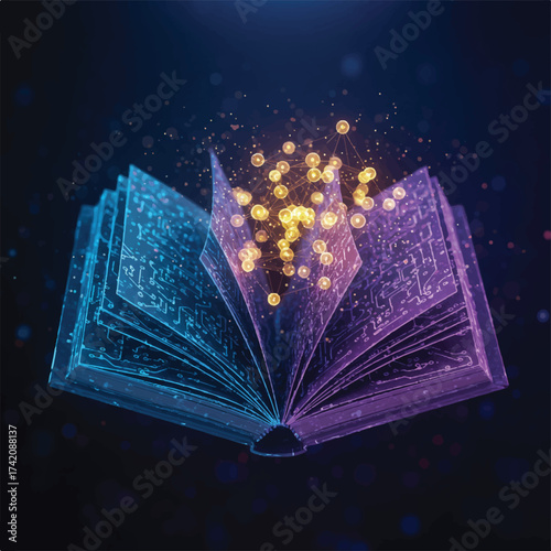 Open book made of circuits emitting glowing particles