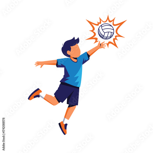 A dynamic vector illustration depicts a young boy leaping high to hit a volleyball, embodying youthful energy and the thrill of competitive sports.