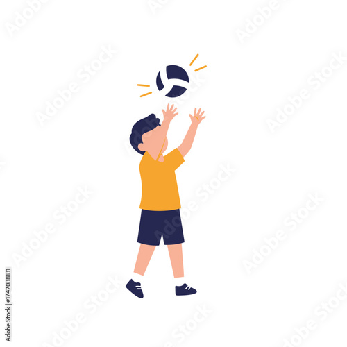 A cheerful young boy in a yellow shirt and blue shorts joyfully plays volleyball, reaching up to hit the ball during an active outdoor game.