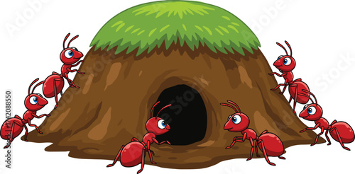Cartoon red ants working around anthill, insect colony illustration, nature wildlife scene, teamwork concept, soil nest with green grass top